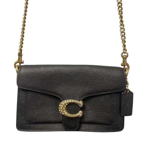 Coach Tabby Mixed Leather Chain Crossbody Bag With Gem C Closure Black Gold - Picture 1 of 9